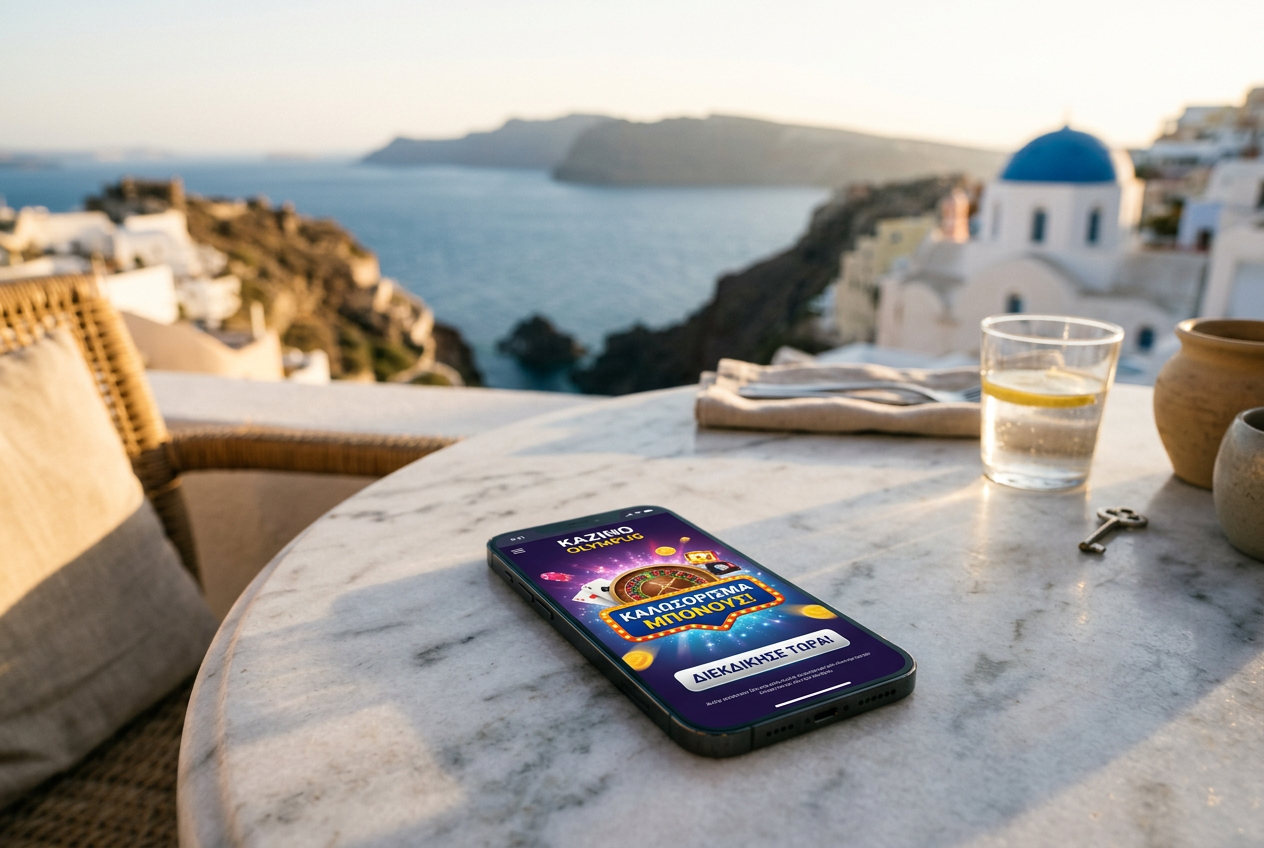 Modern smartphone showing a casino interface with a Greek welcome bonus.